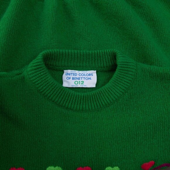 Vtg Benetton Sweater Kids 012 Green Embroidered Folk Motif Wool Girls Colorful - Picture 4 of 7